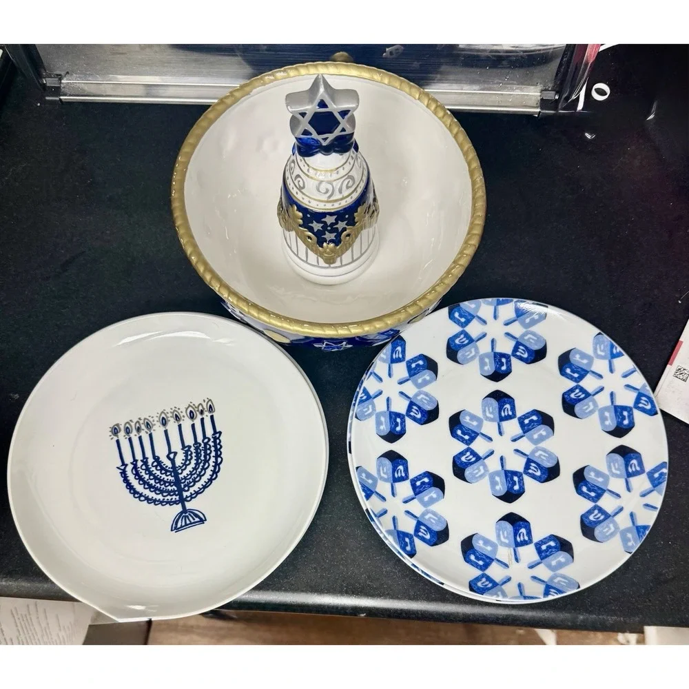 Rare Hanukkah Judaica Serving Set Crate Barrel Dreidel Star of David Menorah